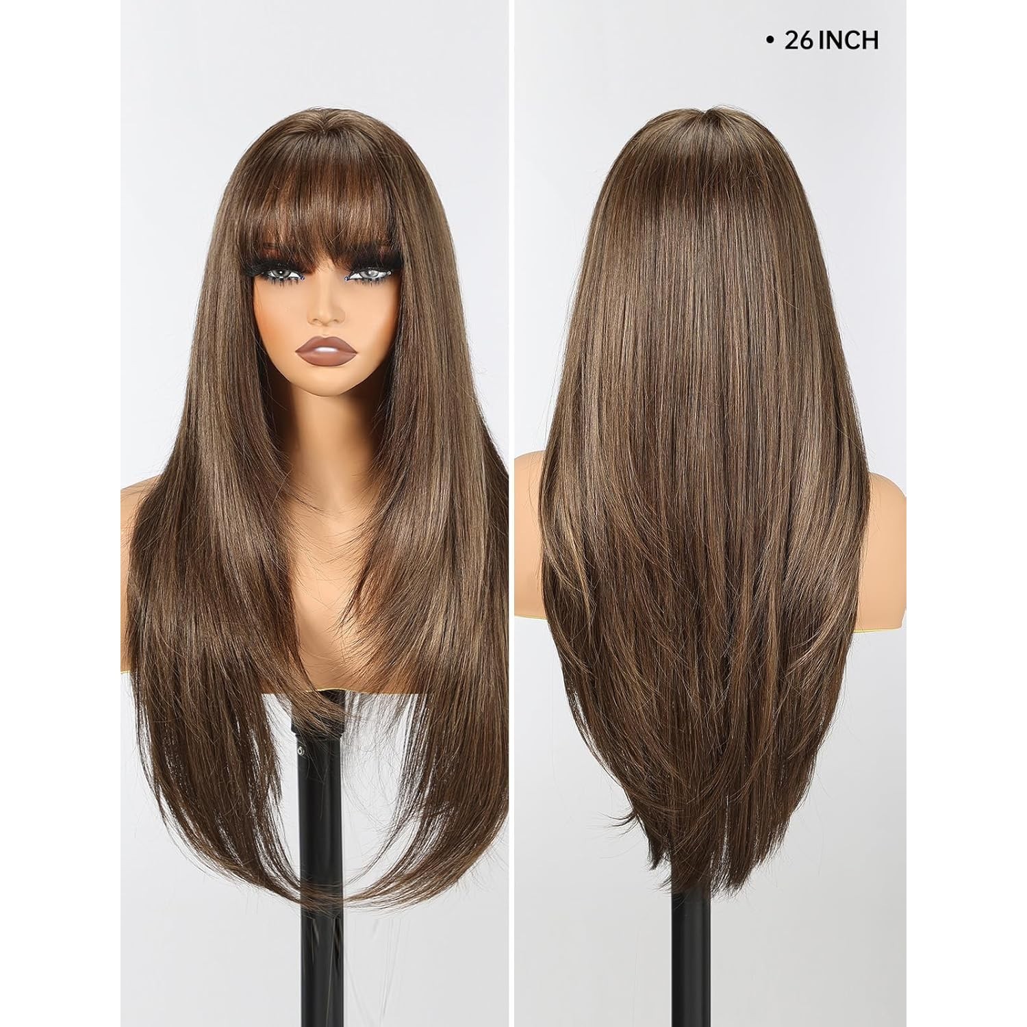 Mixed Brown Long Straight Cosplay Wigs With Bangs Synthetic Hair Heat Resistant