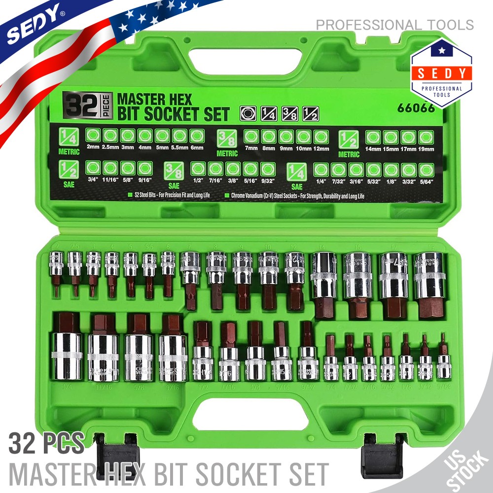 32PC Hex Bit Socket Set Allen Head High Torque Strengthened SAE Metric S2 Steel
