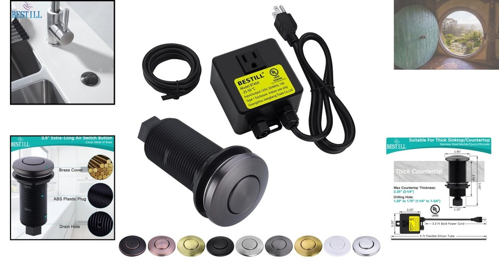 Complete Listed Garbage Disposal Air Switch Kit - 3.6" Brass Button Included