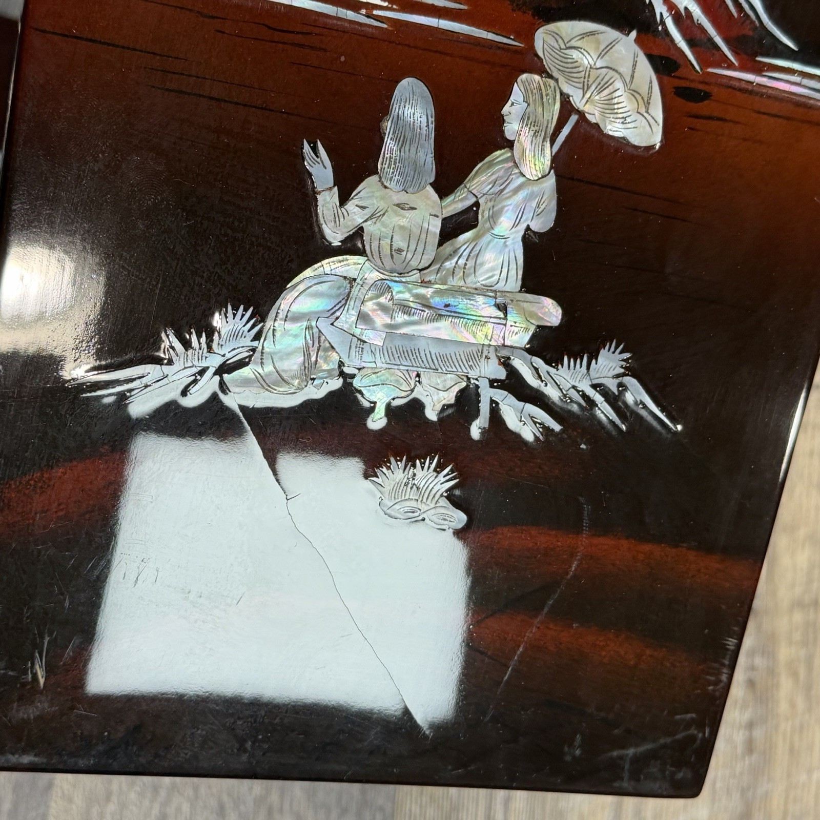 3 Vintage Asian Mother of Pearl Inlay Red Lacquer Wall Panels Village Landscape