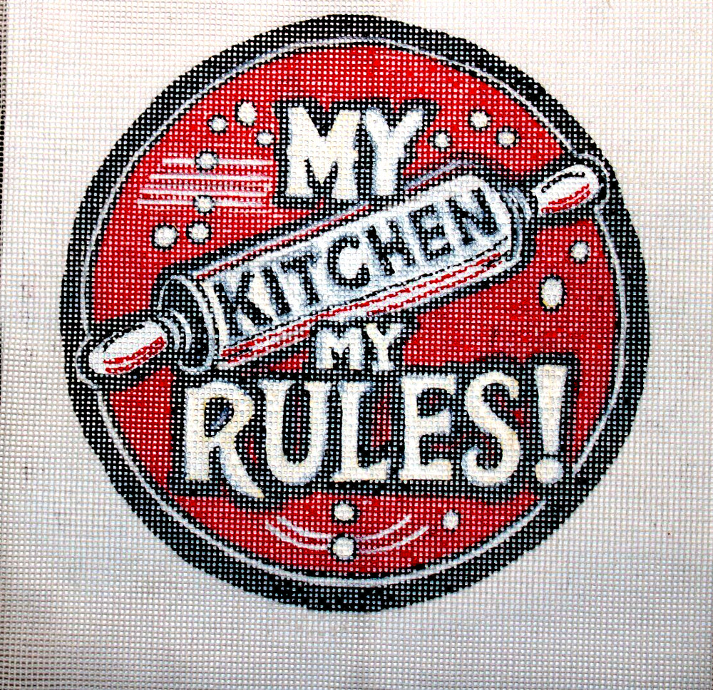 Needlepoint Canvas 18 mesh Signed Rolling Pin My Kitchen Rules Sign Hand Painted