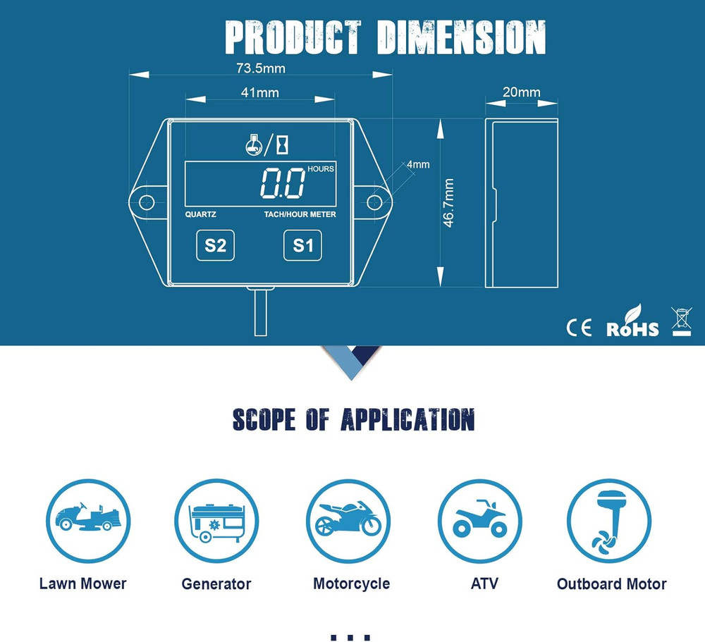 Digital Hour Meter Tachometer, Maintenance Reminder, Battery Replaceable, Automa