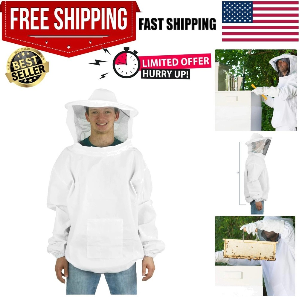 Professional White Large Beekeeping Suit, Jacket, Pull Over, Smock with Veil,