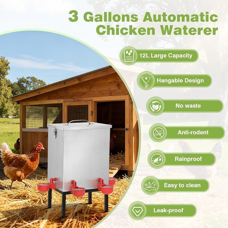 3 Gallons Chicken Waterer Stainless Steels Automatic with Latch Bottom Bracket