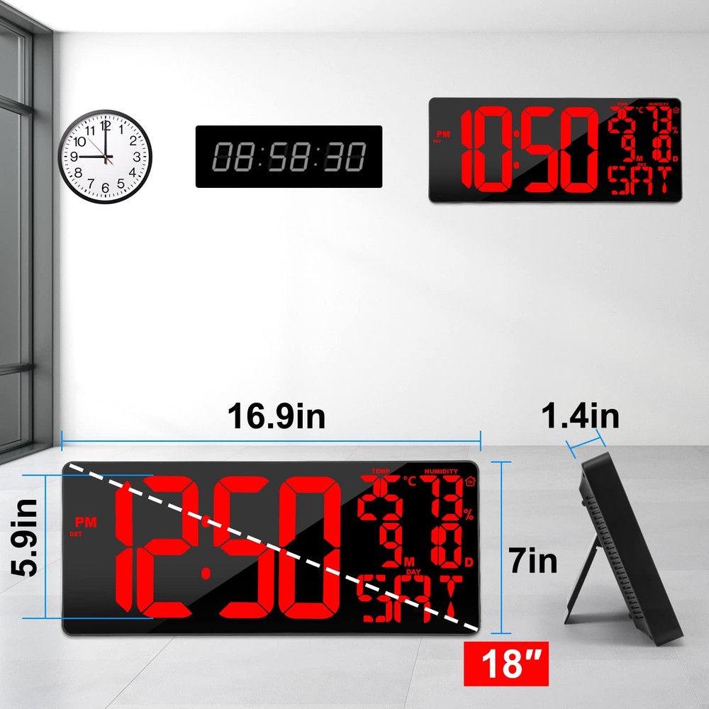 [Oversized] 18" Large Digital Wall Clock with Remote Control, Auto-Dimming Di...