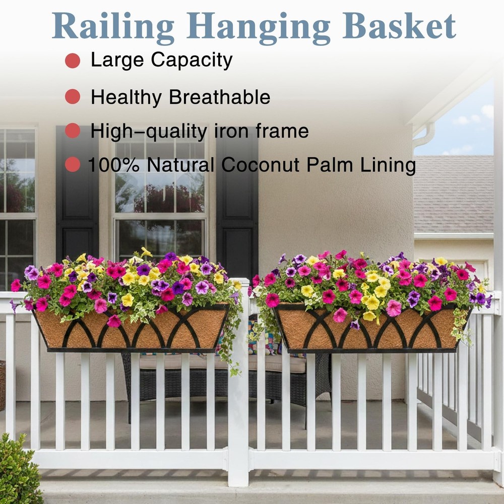 Window Deck Railing Planters Boxes with Coconut Liner, The Bottom Flat Window...