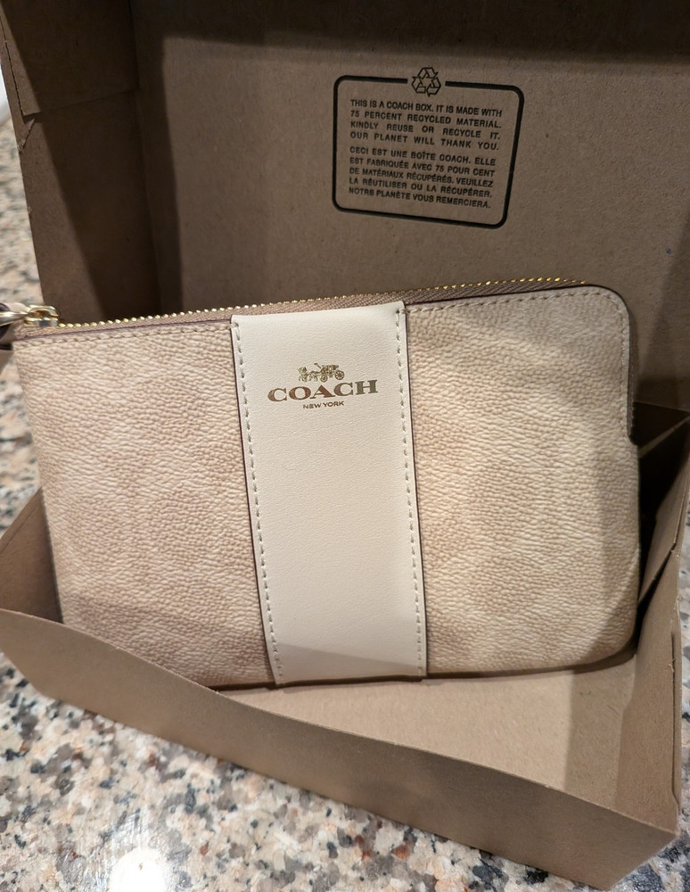 Coach Corner Zip Wristlet Wallet w/ Strap, Logo Pattern, Beige/White