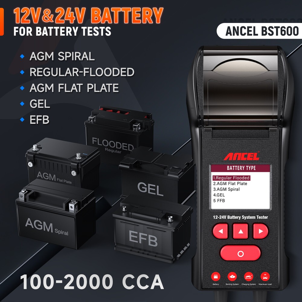 ANCEL BST600 Digital Battery Tester with Printer Battery Temperature Load Tester