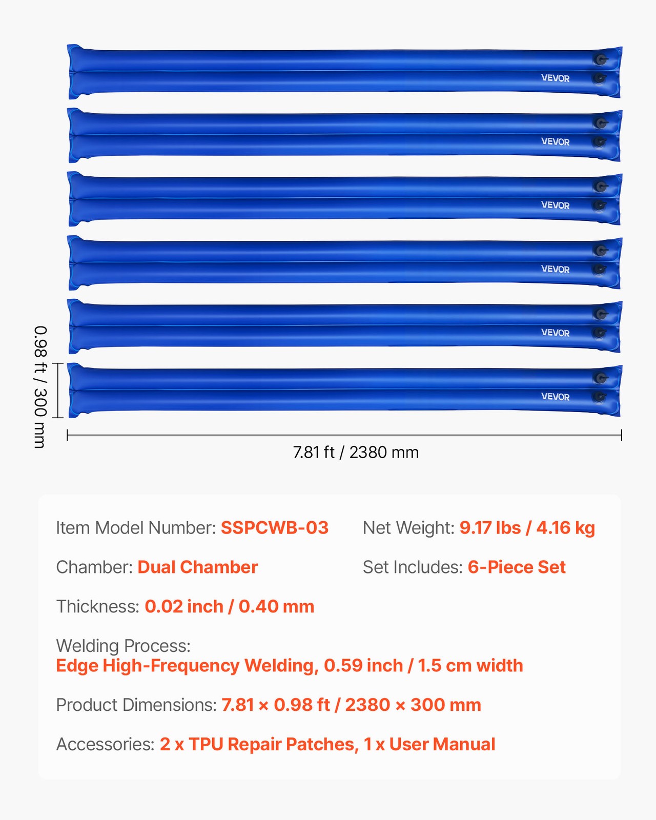VEVOR 26 Gauge Double Chamber Water Bags for Winter Pool Cover 6 Packs 8 ft
