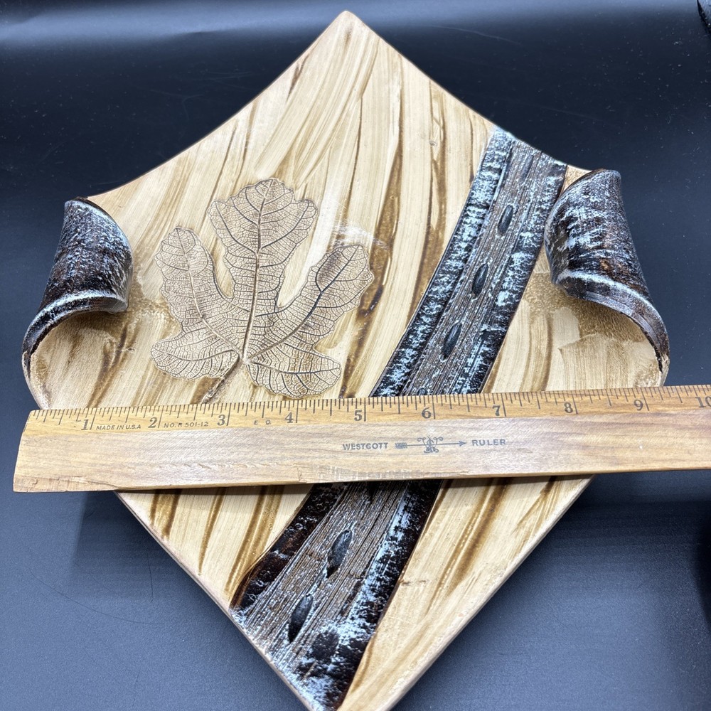 Studio Art Pottery Decor Dish Carved Leaf Pattern Metallic Curled Unsigned