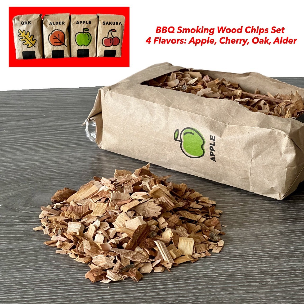 BBQ Smoker Wood Chips Set – 4 Flavors Apple, Cherry, Oak, Alder | 3.4 lb Total