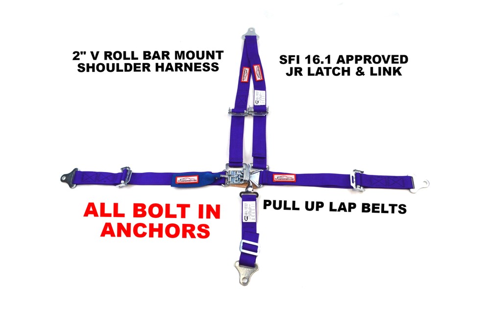 JR RACING HARNESS 5 PT SFI 16.1 V MOUNT PULL UP LAPS 2" LATCH & LINK COBALT BLUE