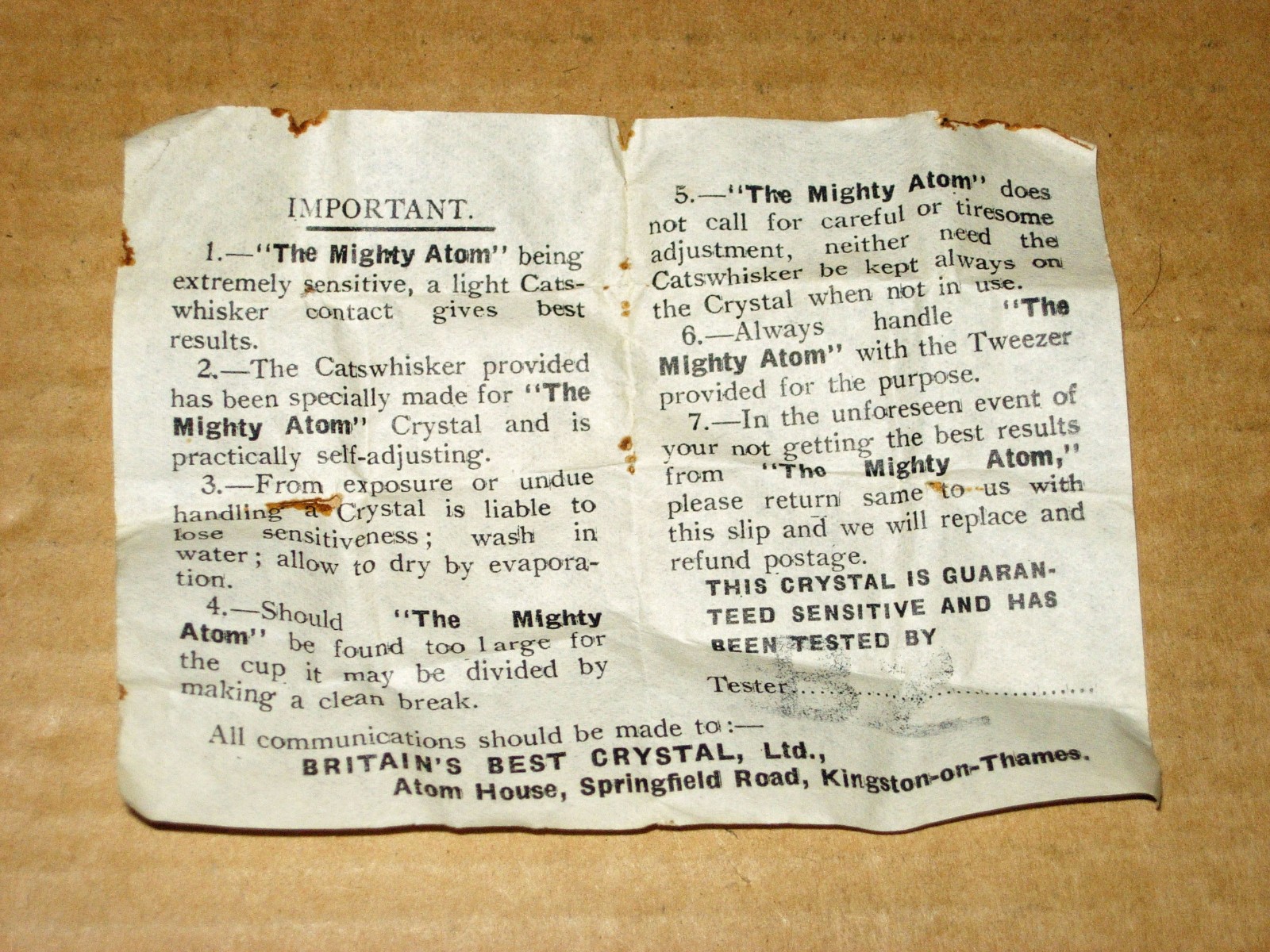 "MIGHTY ATOM" RADIO CRYSTAL WITH TIN, CATS WHISKER, TWEEZERS & INSTRUCTIONS (UK)