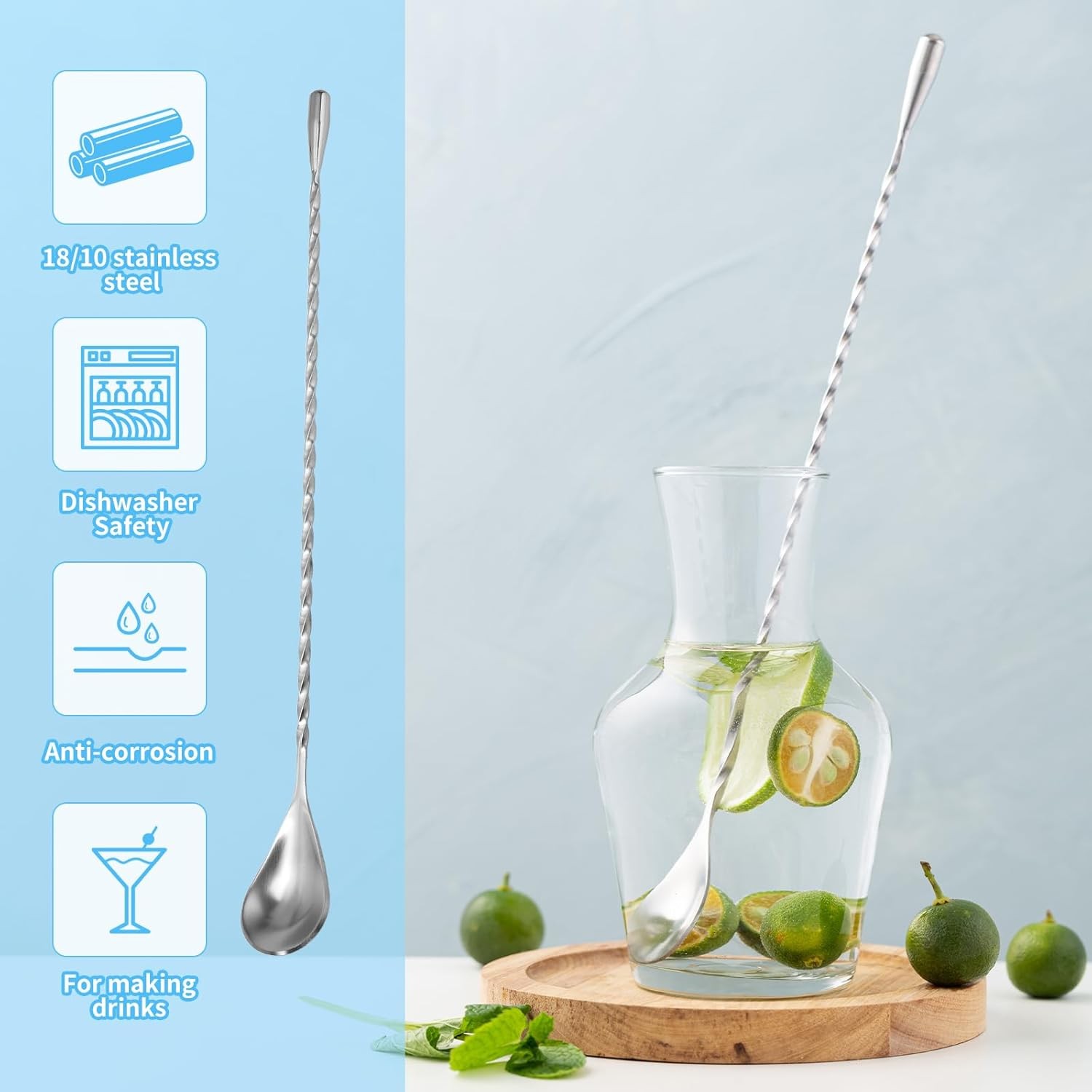 2 Pcs 12 Inch Bar Mixing Spoon Cocktail Spoon Stainless Steel Bar Long Spoon wit