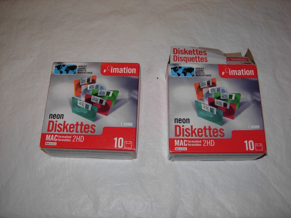 2 Boxes imation neon Diskettes MAC formatted 2 HD 1.40MB - 1 open, 1 closed box