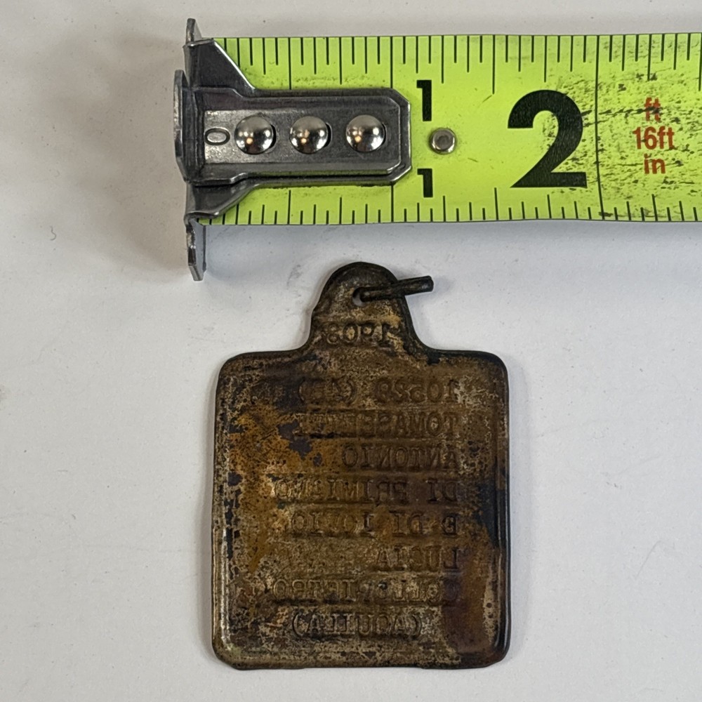 WW1 Italian Army dog ID Tag 1908 Tomassetti Antonio Collepietro (Aquila) 49B85