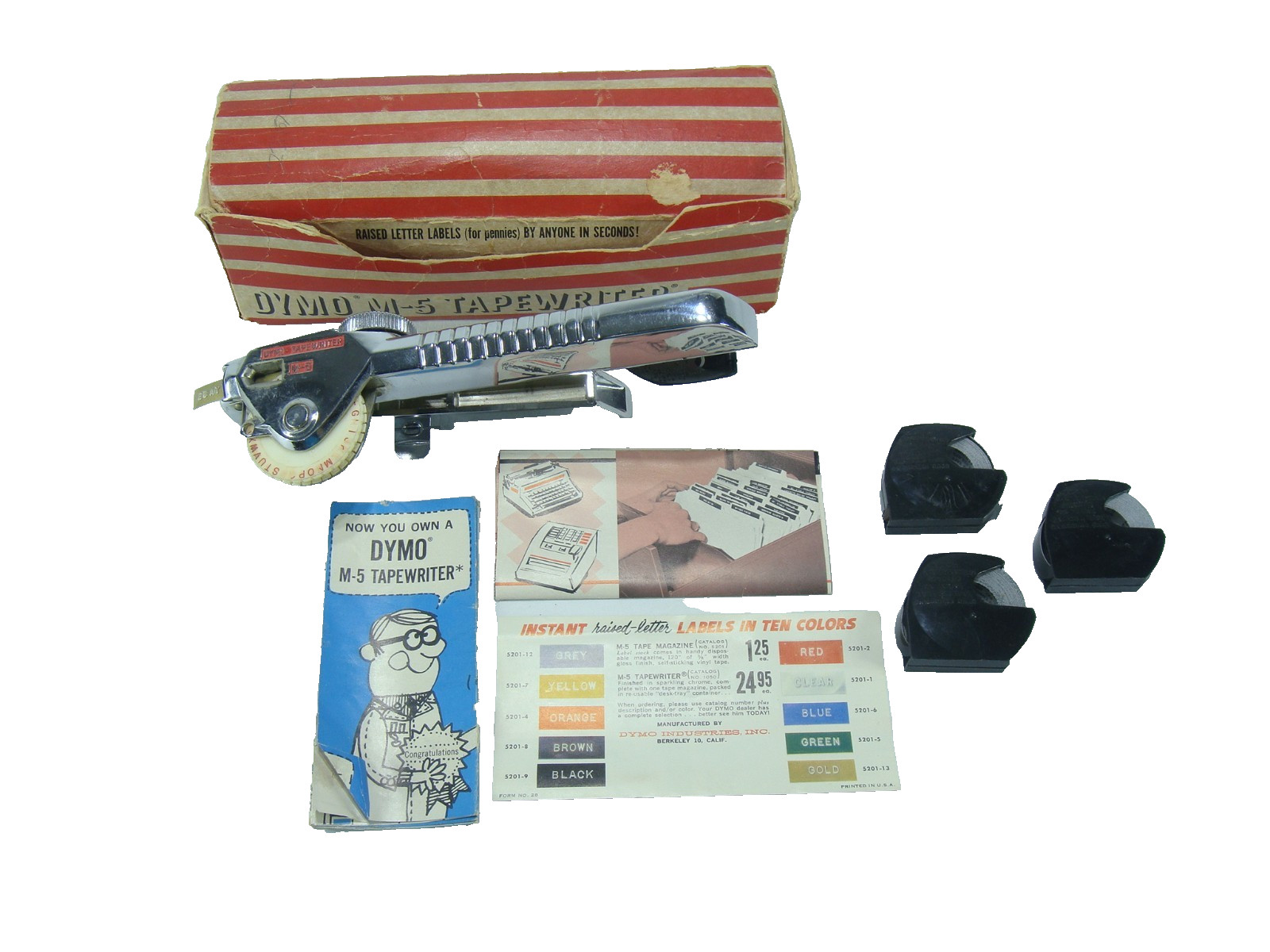Vintage Dymo M-5 Chrome Tapewriter Label Maker Embossing Tool Extra Tape In Box