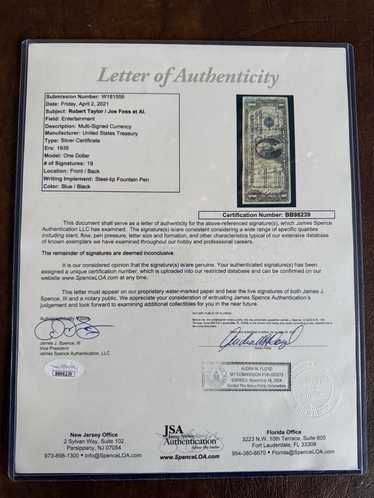 WWII Short Snorter Bill Signed By Marine Ace/MOH Joe Foss & Actor Robert Taylor
