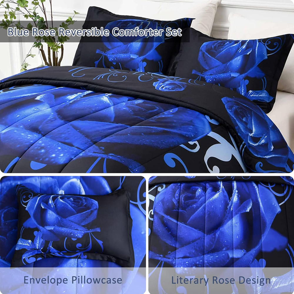 Blue Comforter Set Queen, Reversible Blue Rose Pattern Printed Bedding Comforter