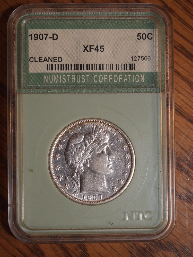 `1907 D Barber Half Dollar, Extra Fine + condition, cleaned, 90 % silver