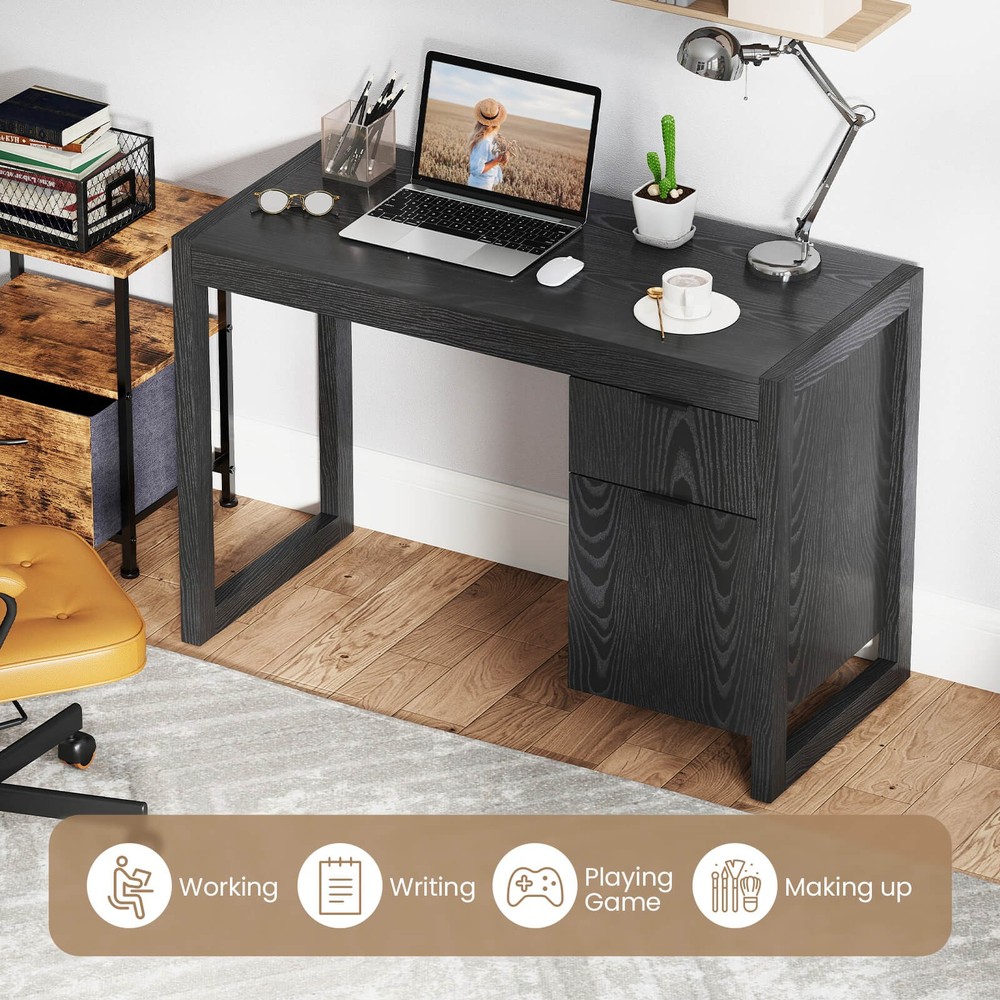 Computer Desk w/ Storage Cabinet Pull-out Drawer Stable Thick Legs for Bedroom