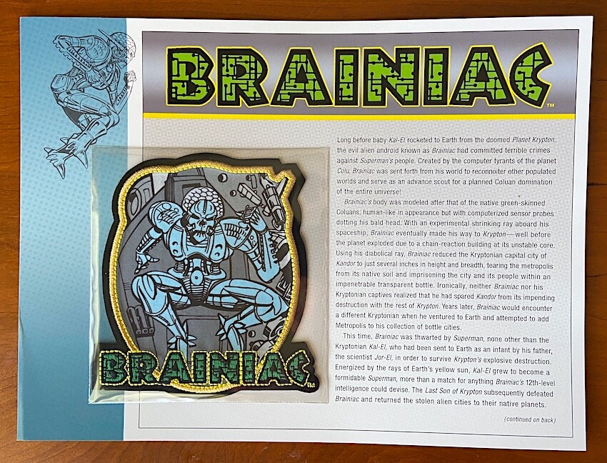 BRAINIAC PATCH on INFO CARD ~ Willabee & Ward ~ DC COMICS PATCH COLLECTION