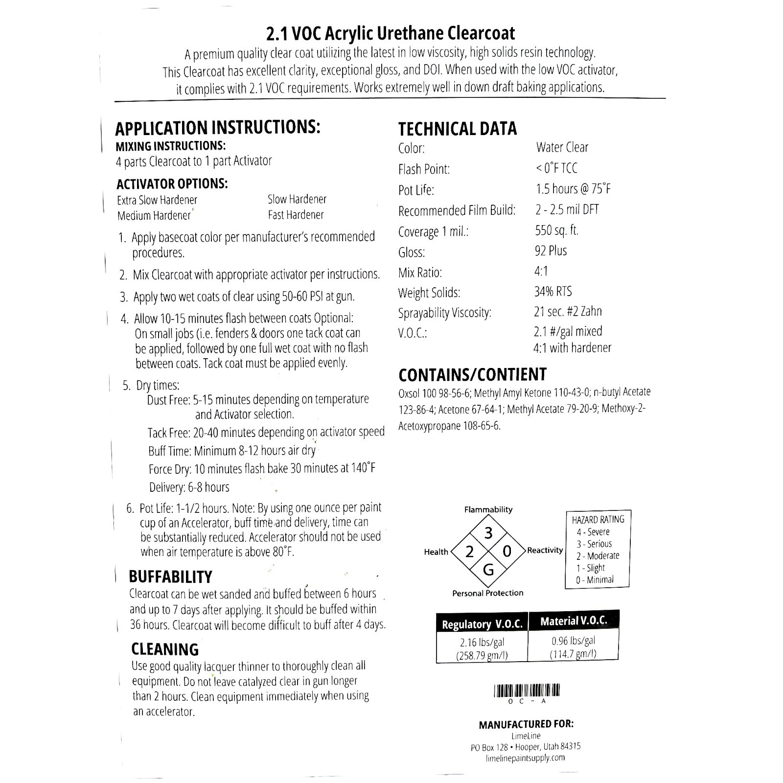LiME LiNE Overall 2k Clearcoat 1.25 Gallon Kit