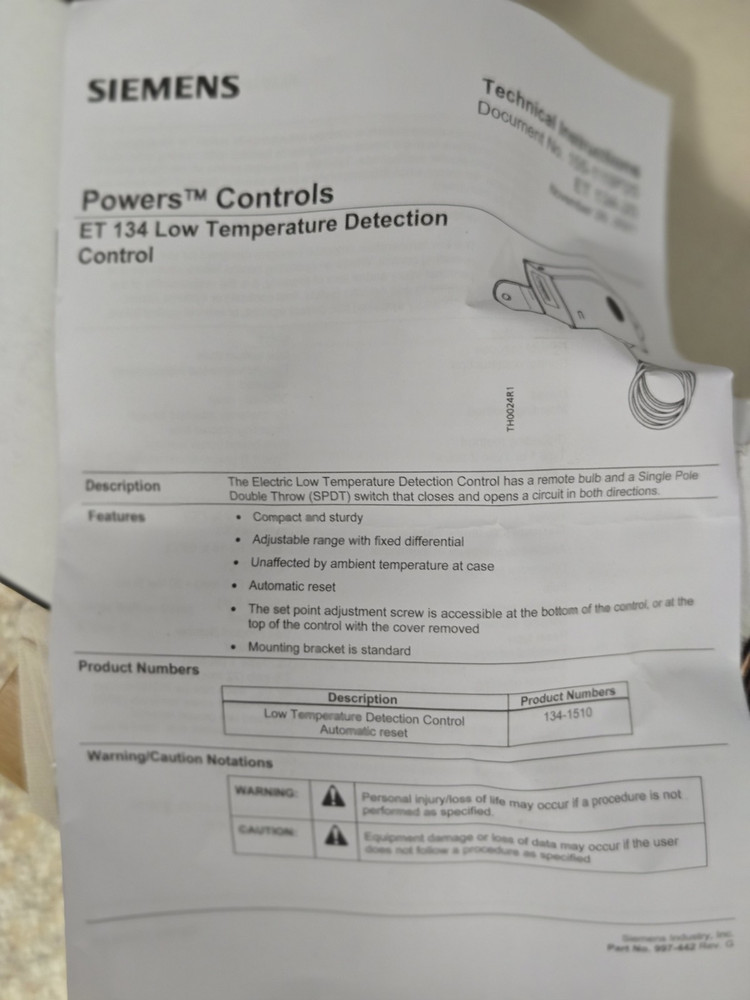 134-1510 Powers Low Temperature Cutout Control