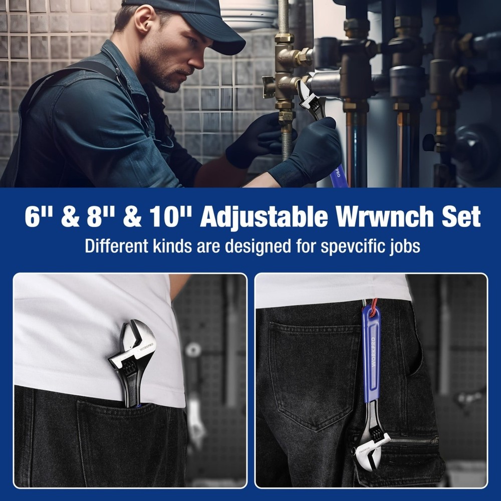 WORKPRO 6/8/10 Inch Adjustable Wrench 3-Piece Ergonomic Handle Garage Tools