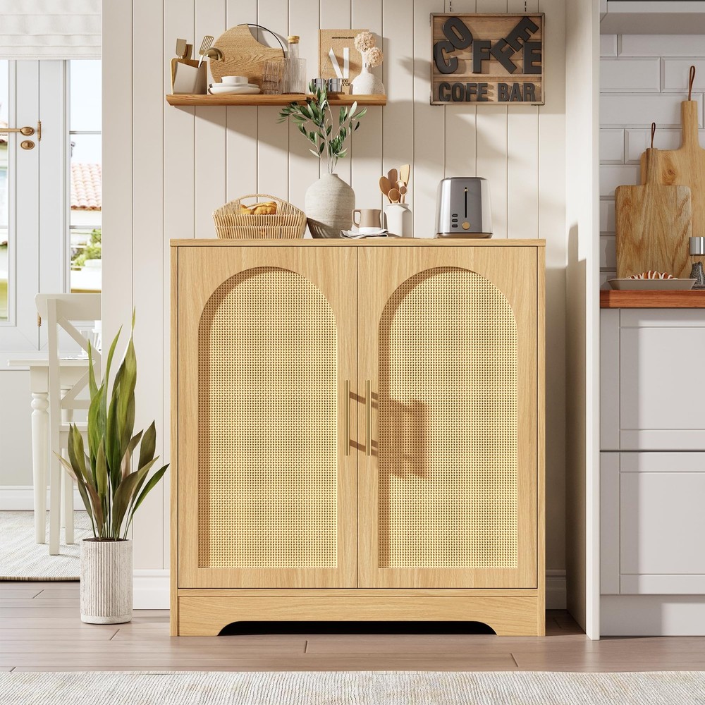 30" W Sideboard Buffet Cabinet- with 2 Rattan Doors, Large Storage Console Ta...