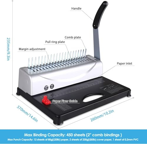 Binding Machine, 21-Hole, 450 Sheets, Comb Binding Machines with 1 Box Comb