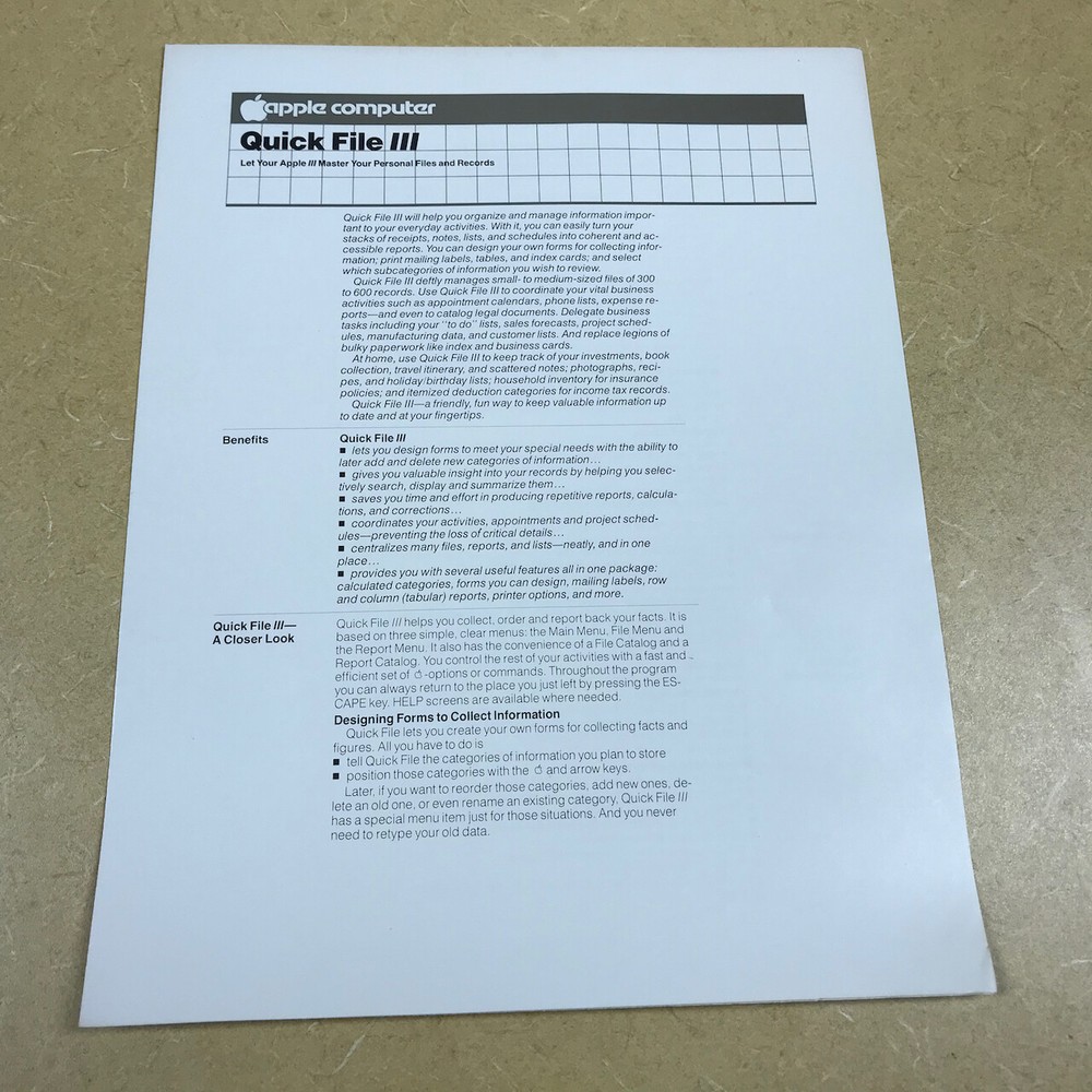 RARE Find FLYER Apple Computer "Apple III Quick File" 1982