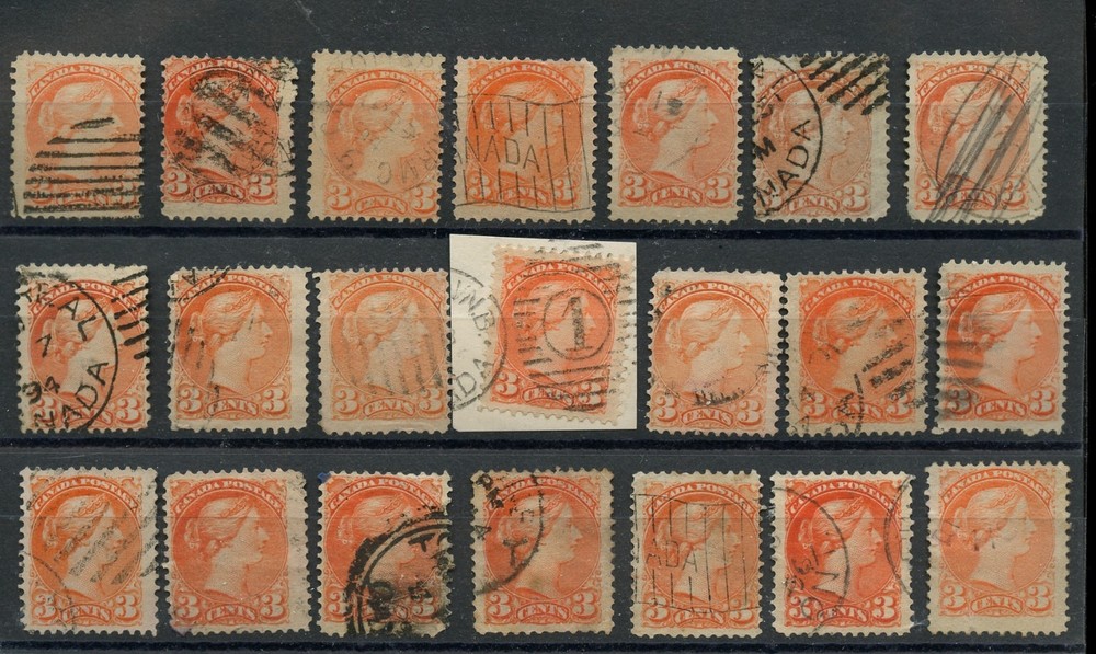 21 -- SMALL QUEEN 3 cent Various cancels, corks, used lot CAnada