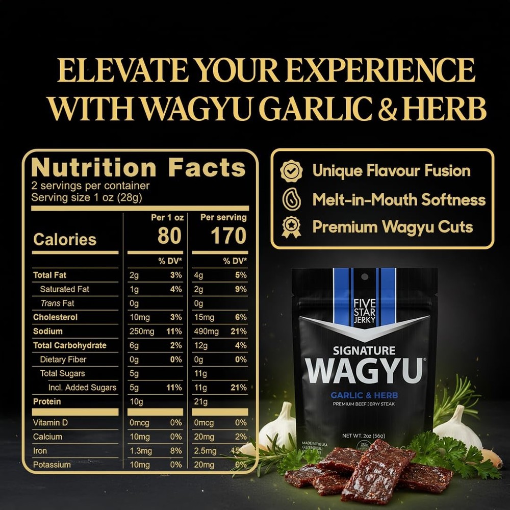 Five Star Wagyu Beef Jerky – Garlic & Herb 2-Pack (4oz)