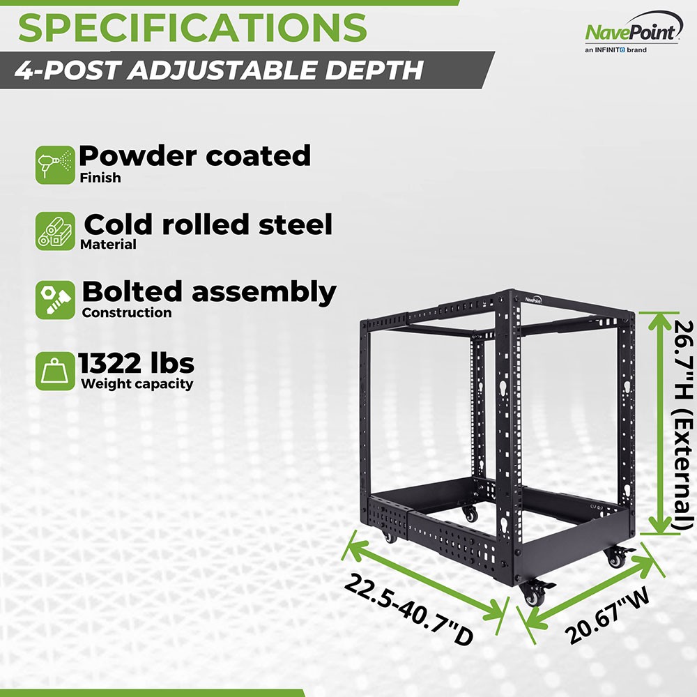 NavePoint 4-Post Open Frame Racks 19-inch Standard, Adjustable 22"-40", Square