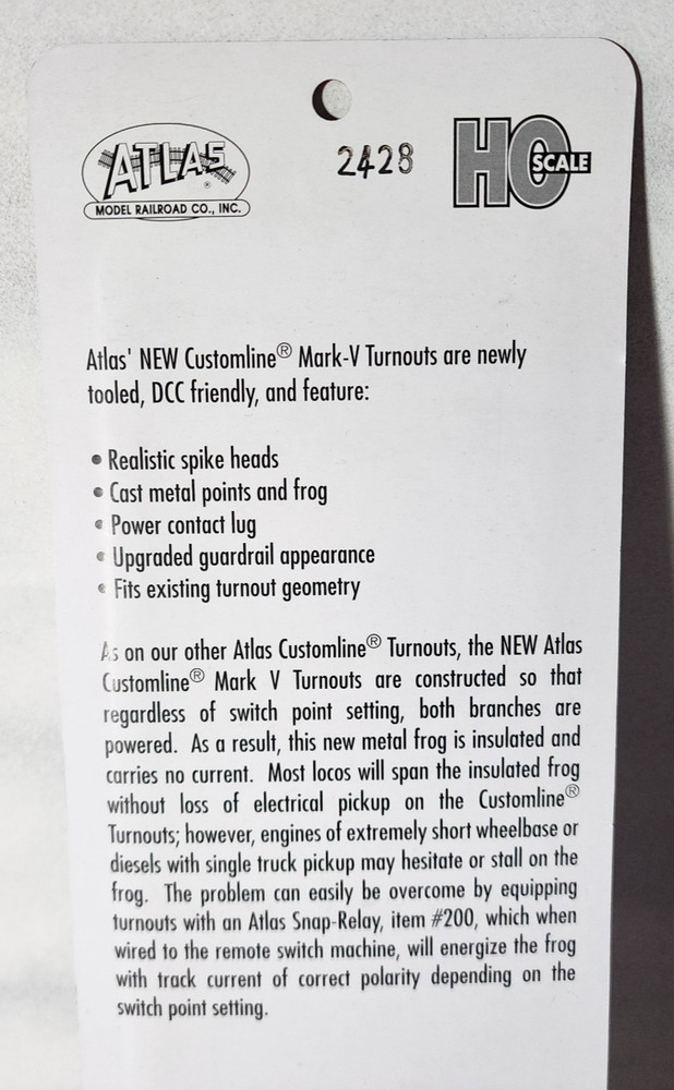 Atlas #393 HO Scale Code 100 Mark V No. 6 Left Hand Turnout Customline Switch
