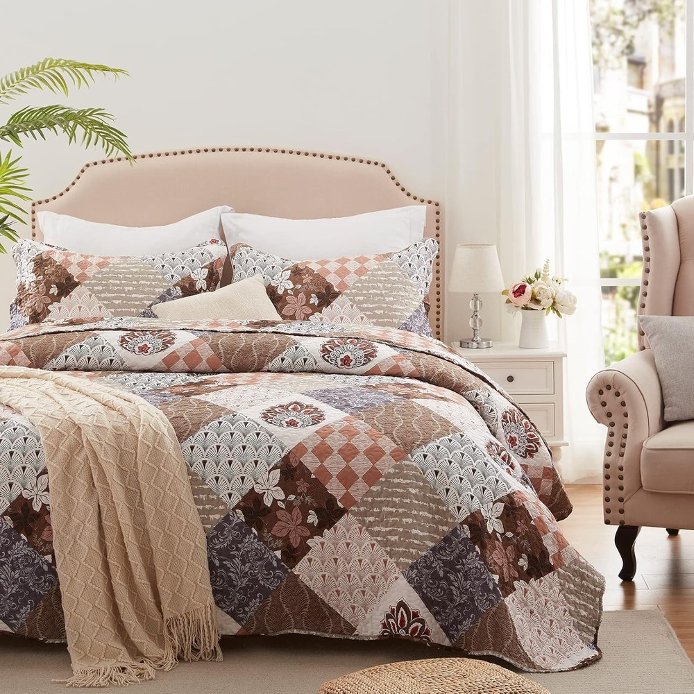 Full/Queen Size Quilt Set 3 Pieces (90''x98''), Brown-patchwork