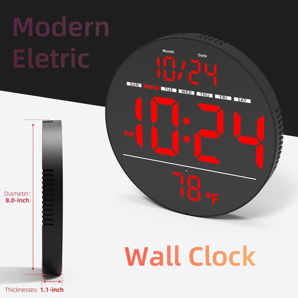 Digital Wall Clock with Large LED Display, Date, Temperature, Auto-Brightness