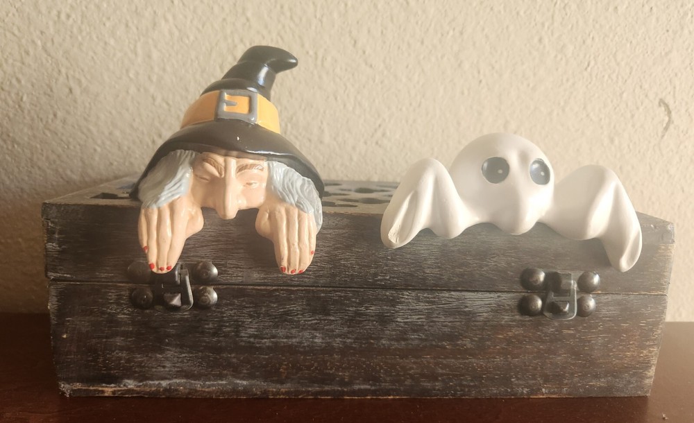 RARE Vintage 1982 Witch & Ghost Shelf Sitters, Handmade, Ceramic Bisque, EUC