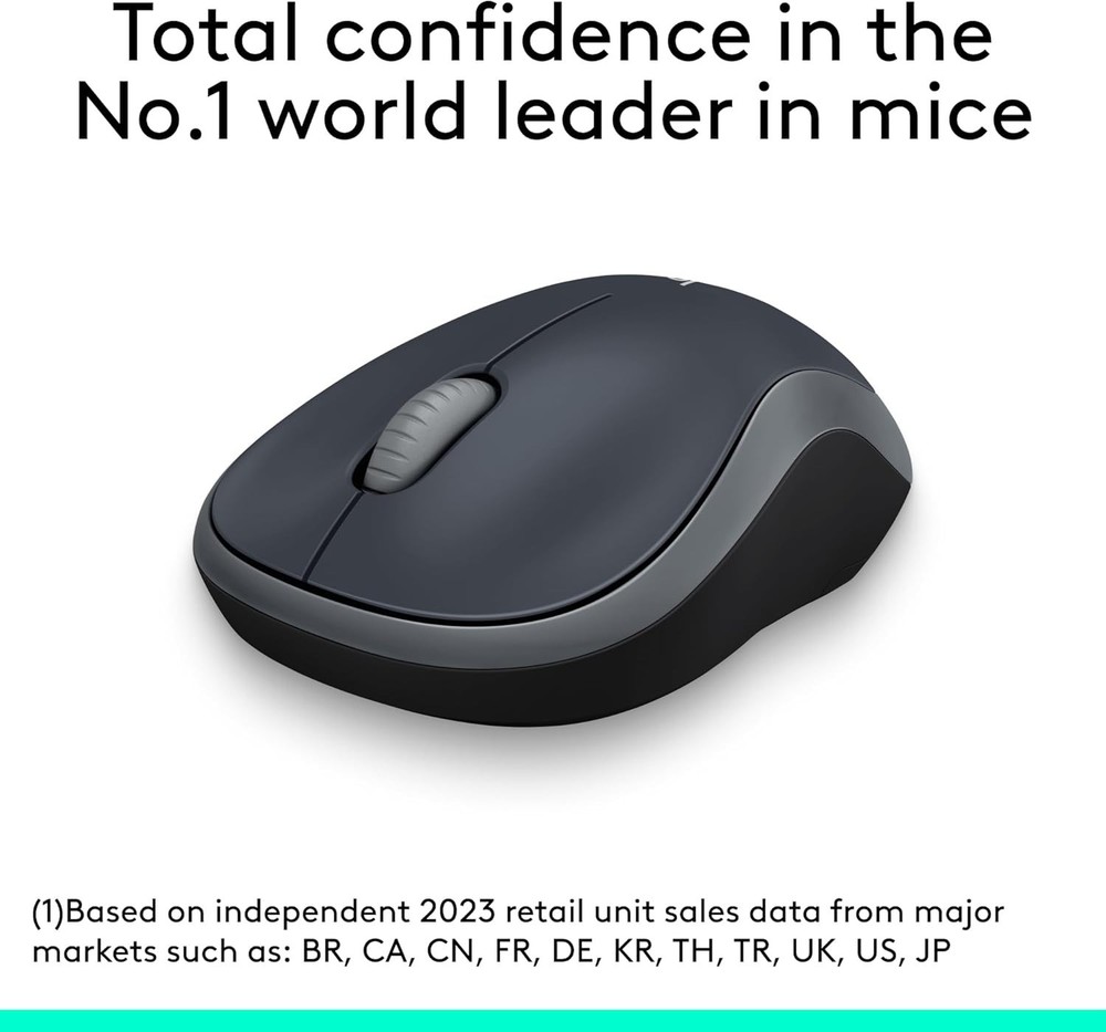 M185 Wireless Mouse - Ambidextrous Design, 1000 DPI Optical Tracking, Swift Grey