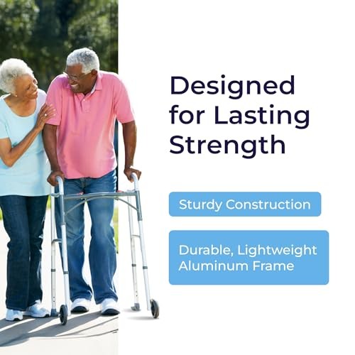 Two-Button Folding Walker With Wheels - Lightweight Rolling Mobility Support - A