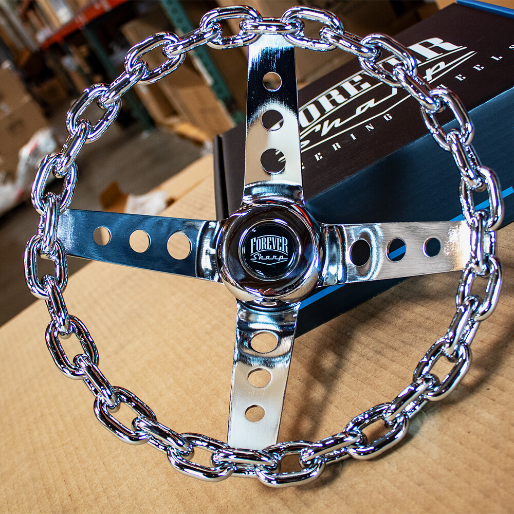 11 Inch Chrome Chain Steering Wheel with Cutout Spokes and Horn Button -3 Hole