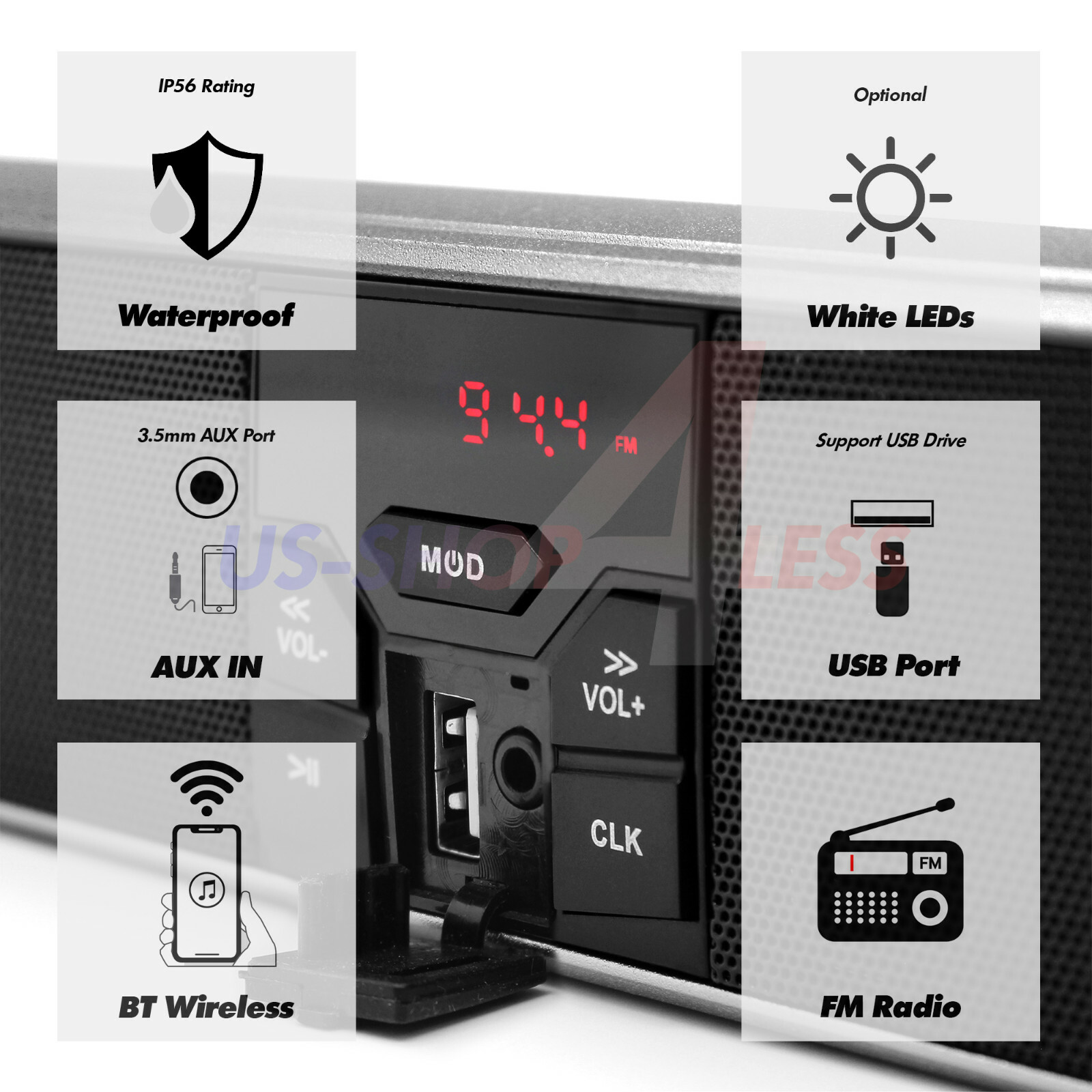 Bluetooth Motorcycle Stereo Speakers Soundbar FM Radio Audio System ATV 4Wheeler