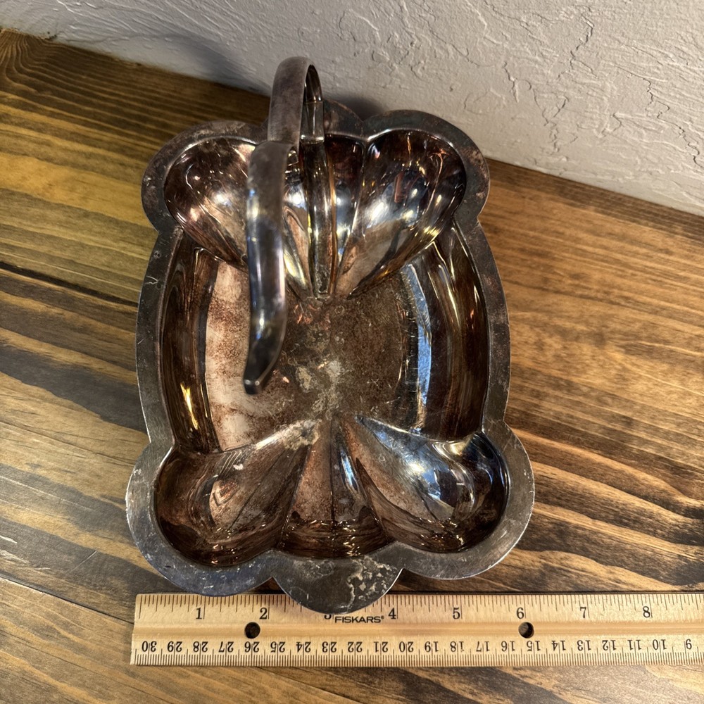 Vintage Silver Plate Candy Dish Scalloped Rectangular with Free Form Handle