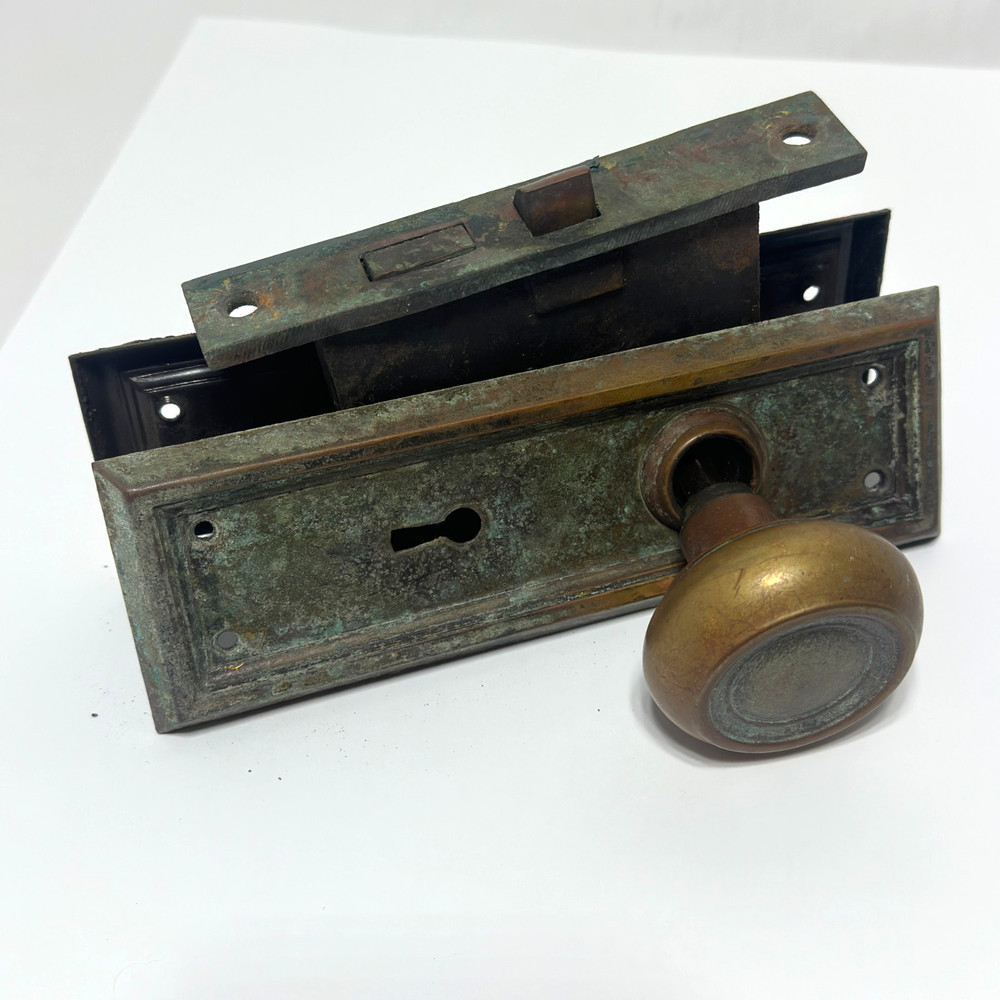 Antique 1920's Brass Lockset Lockbox Door Knobs and Faceplates