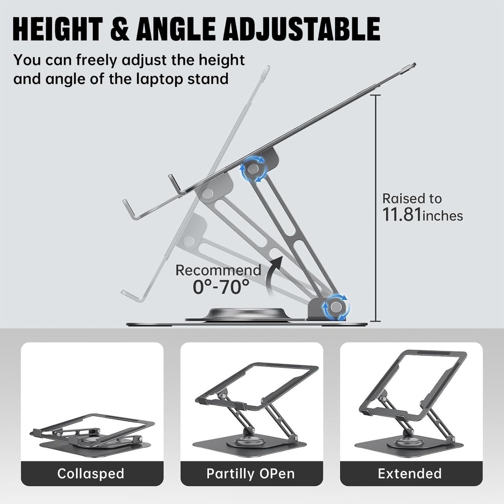 Laptop Stand for Desk, Adjustable Computer Stand with 360° Rotating Base,