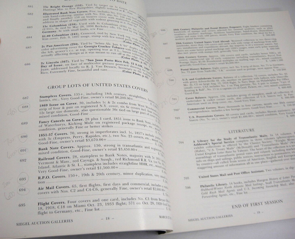 Siegel Auction Catalog w Prices Realized To & From Covers Cutts Collection 1996