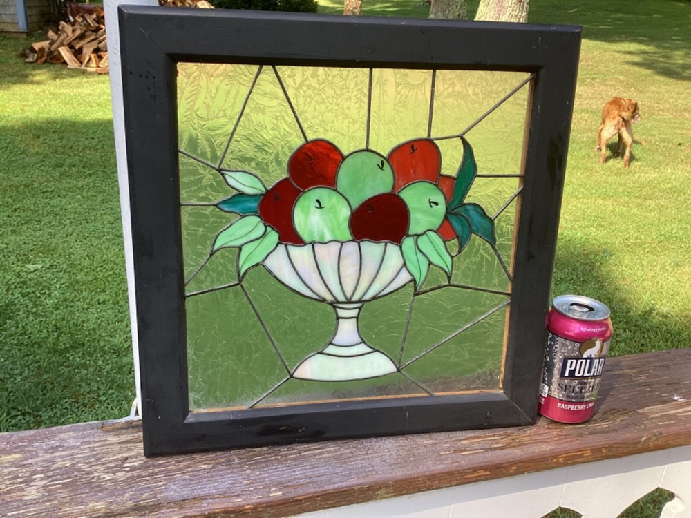 Vintage Stained Glass Fruit Basket 15" Square Wood Frame