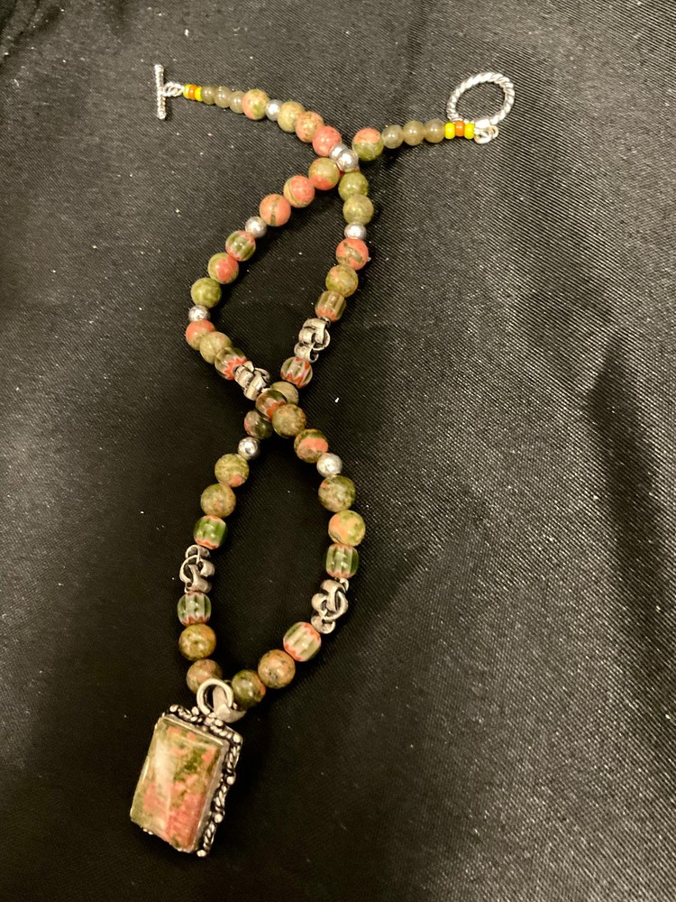 Multicolored Beaded Necklace with Rectangle Framed Pendant