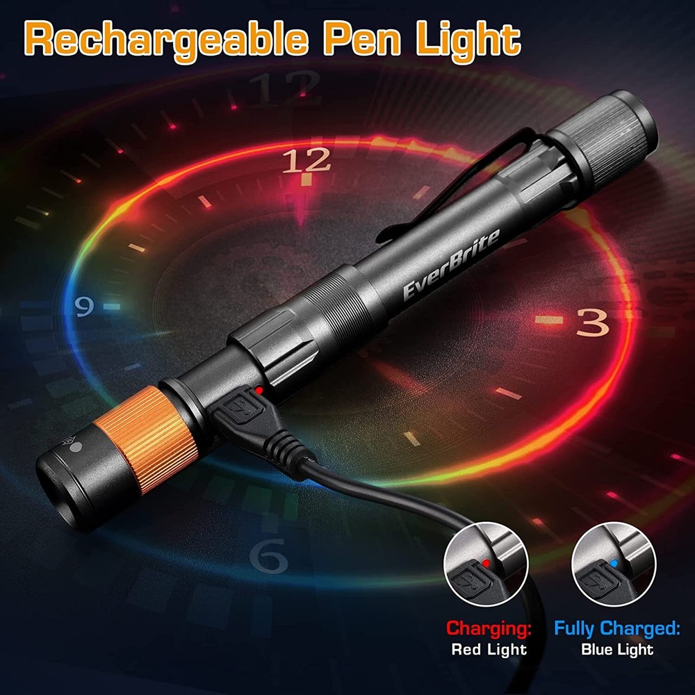 EverBrite Rechargeable Pen Light 4 Light Modes Handheld Pocket Flashlight w/Clip